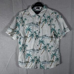 Even Tide Mens‎ Slim Fit Linen Blend Tropical Palm Tree Wave Button Down Shirt M